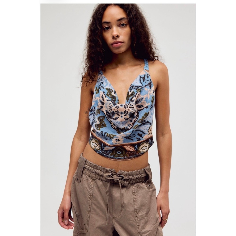 Free People Laila Cowl-Neck Top Large Blue Bayou Floral Cotton 109764944 NWT New